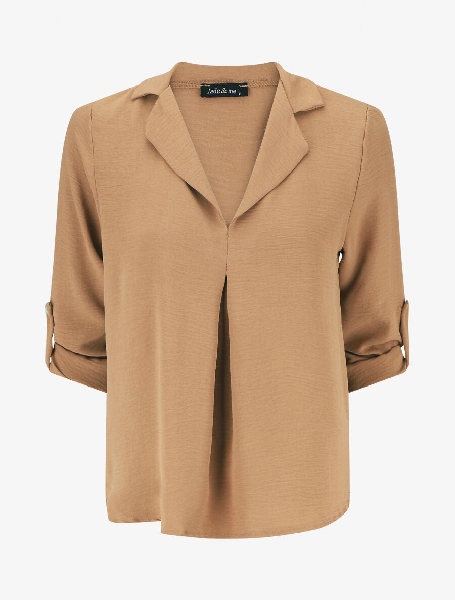 Blouse fluide unie à manches longues - Camel - 1