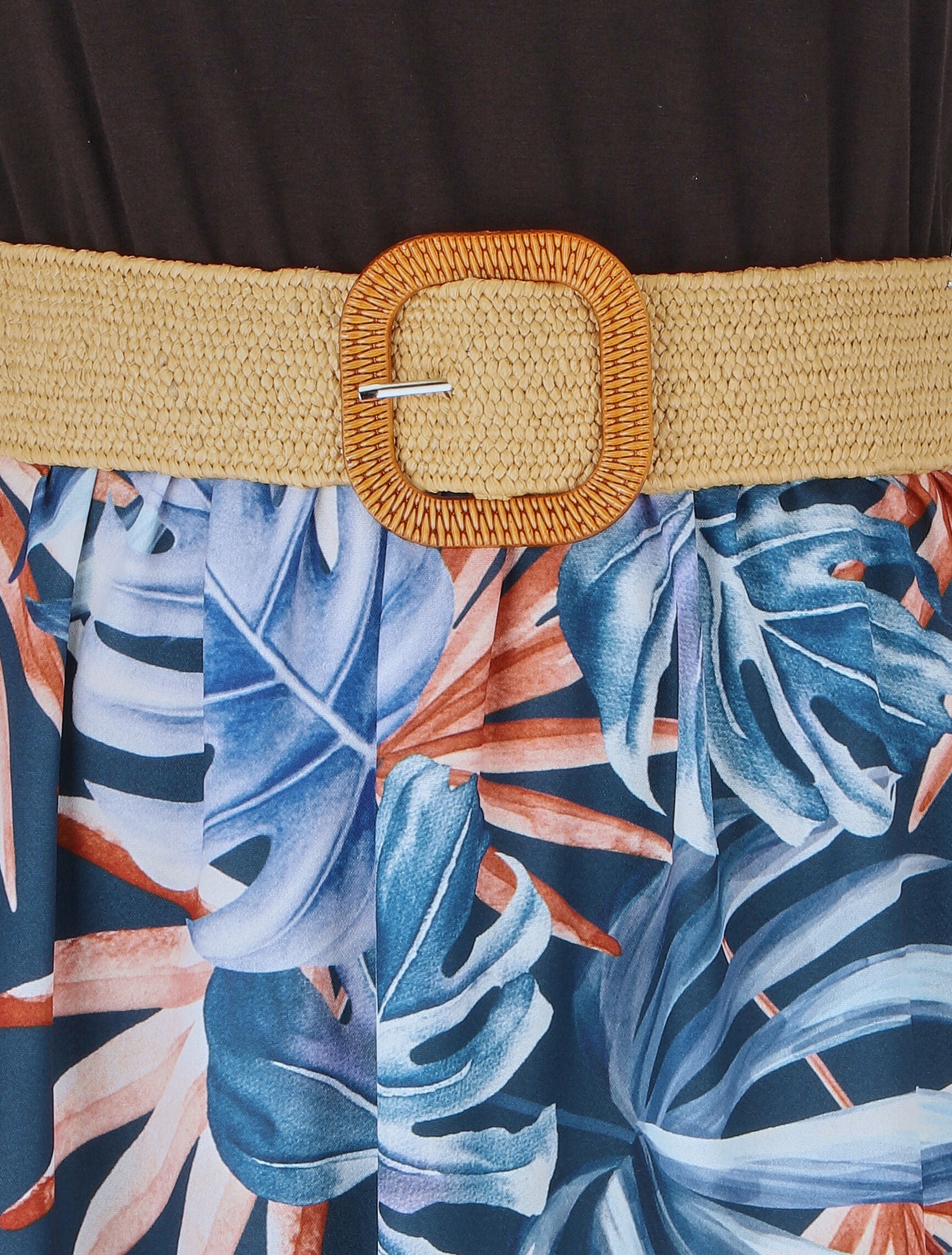 Robe bicolore imprimé feuilles tropicales - Bleu - 3