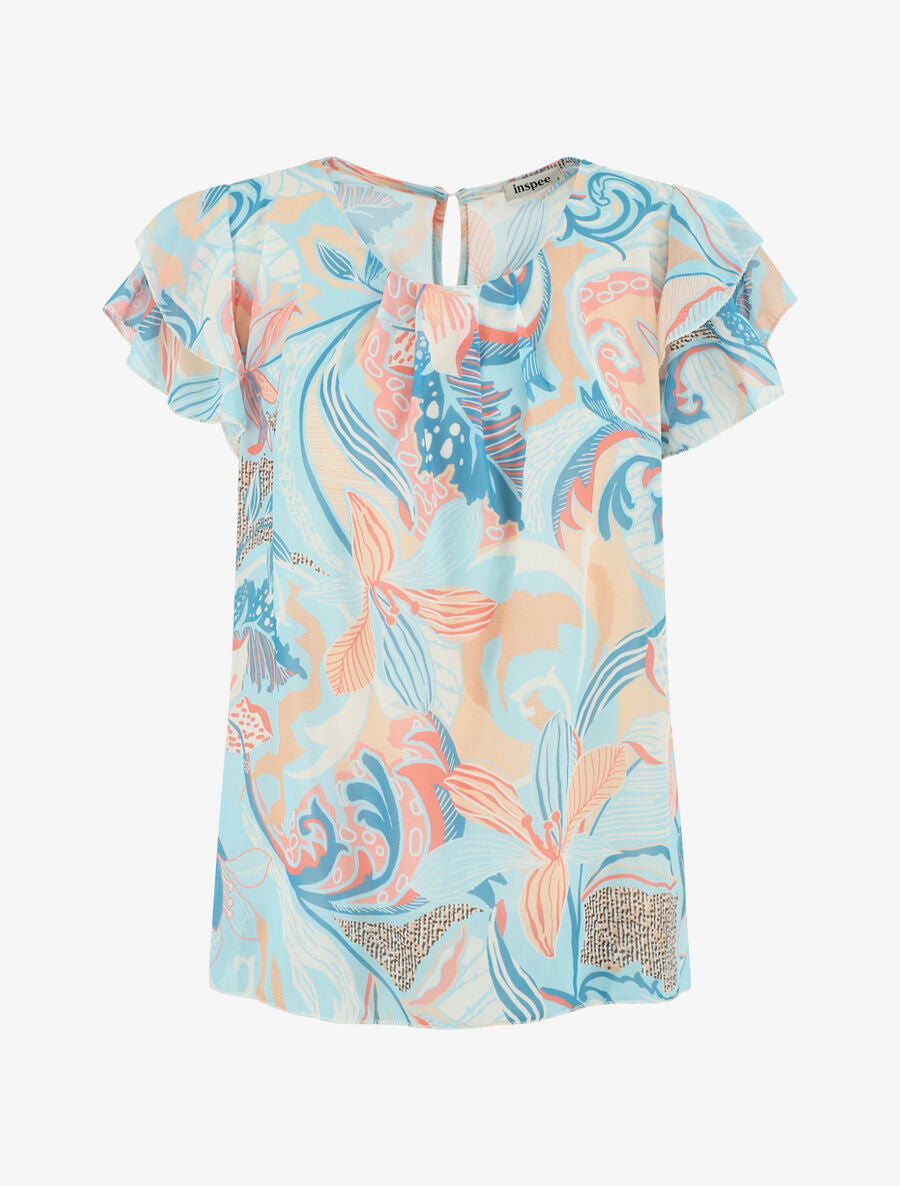 Top droit fleuri manches courtes volantées - Bleu clair - 4
