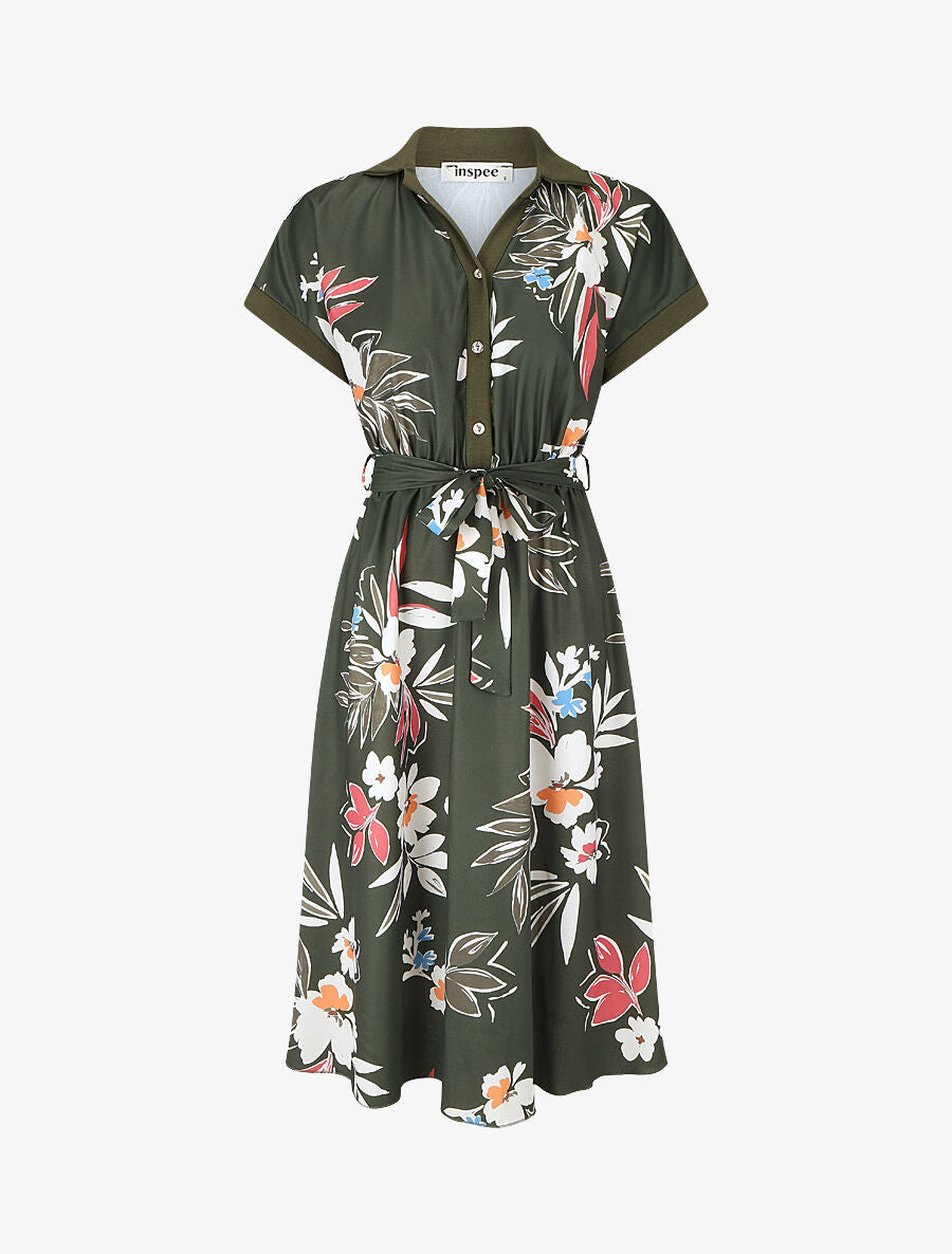 Robe chemise motif fleuri manches courtes - Kaki - 1