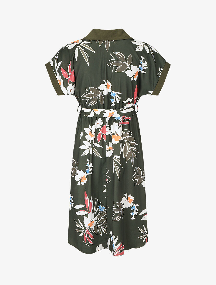 Robe chemise motif fleuri manches courtes - Kaki - 2