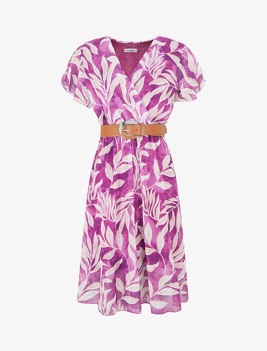 Robe longue élastiquée imprimé feuilles - Violine - 4