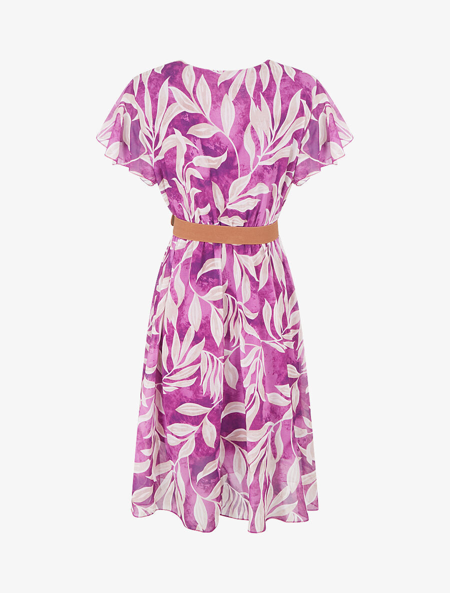 Robe longue élastiquée imprimé feuilles - Violine - 2