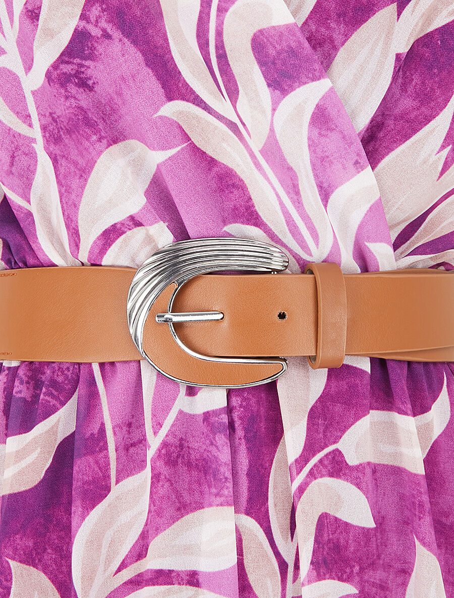 Robe longue élastiquée imprimé feuilles - Violine - 3