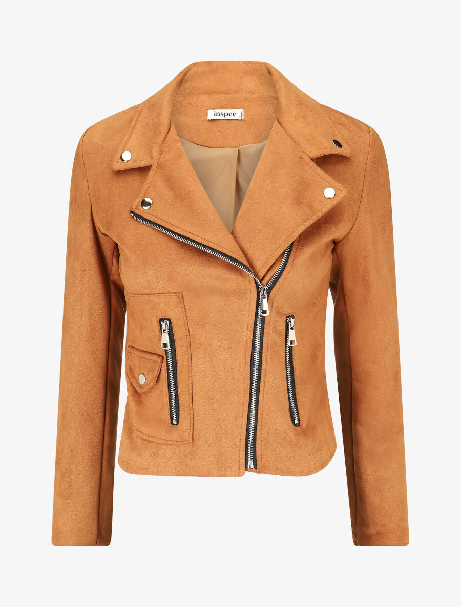 Veste en suédine à zip décoratif - Camel - 1