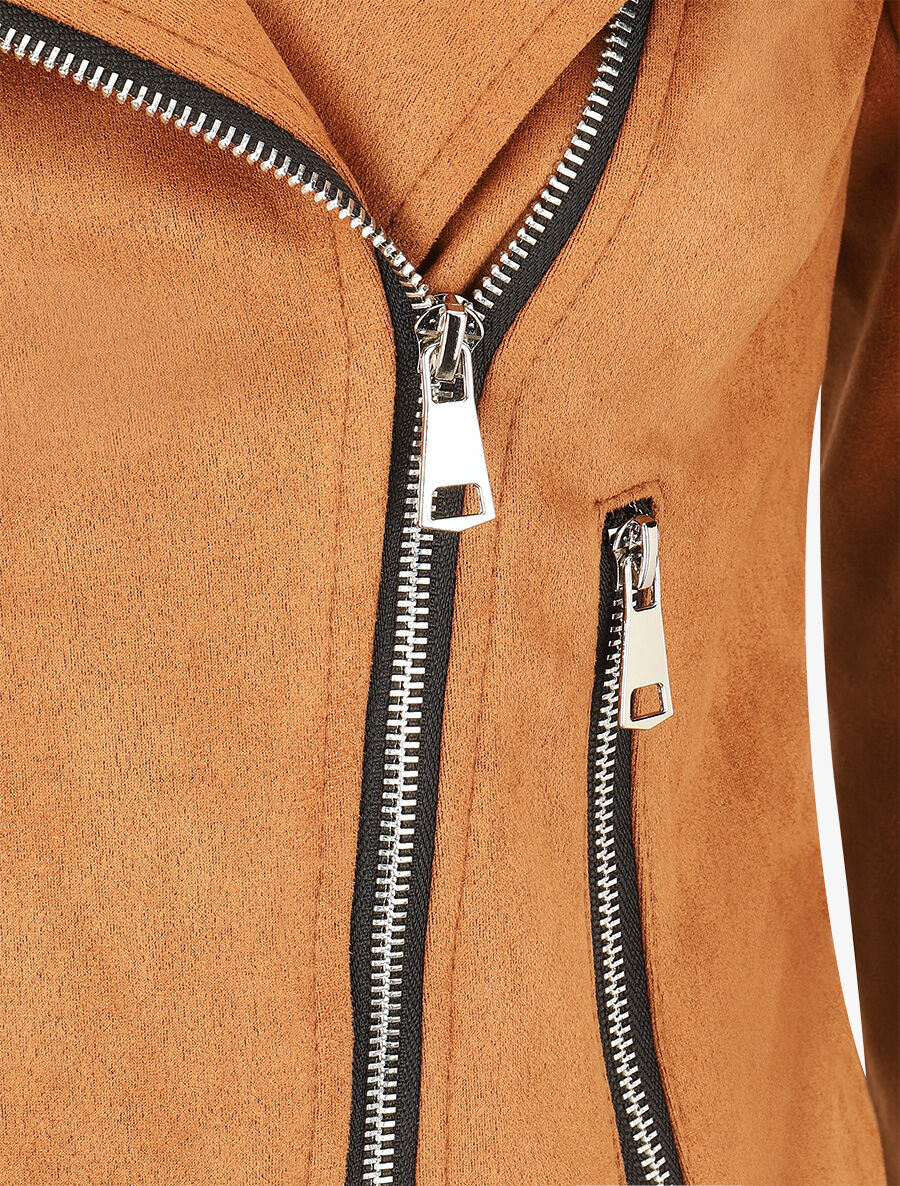 Veste en suédine à zip décoratif - Camel - 3