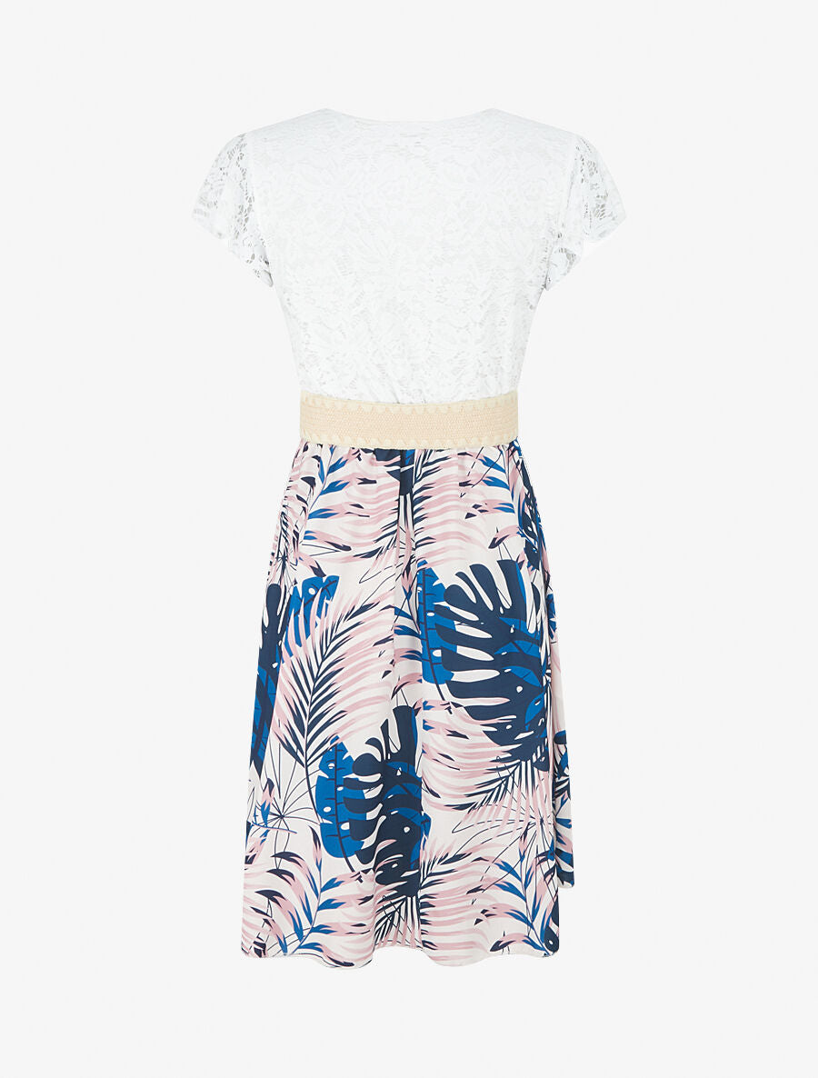 Robe mi-longue à jupe imprimé tropical - Marine - 2