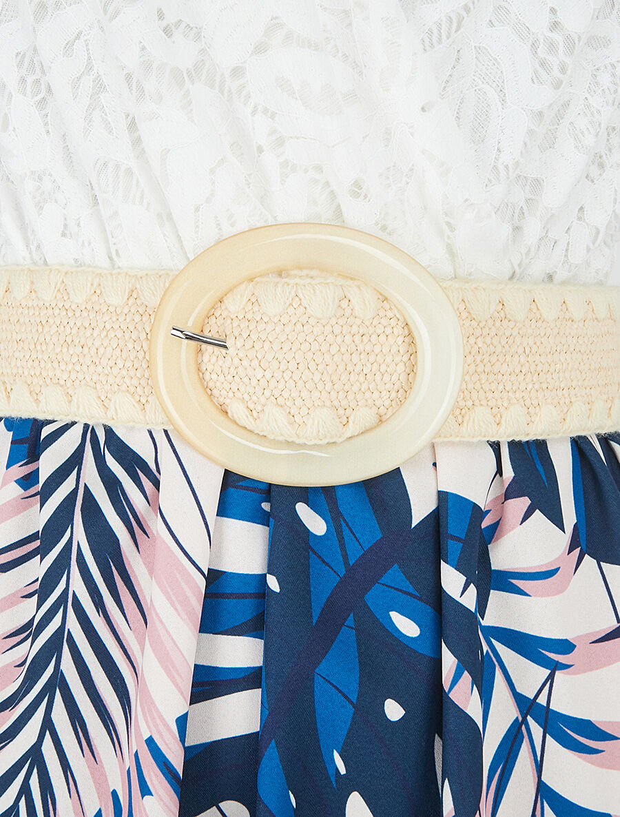 Robe mi-longue à jupe imprimé tropical - Marine - 3
