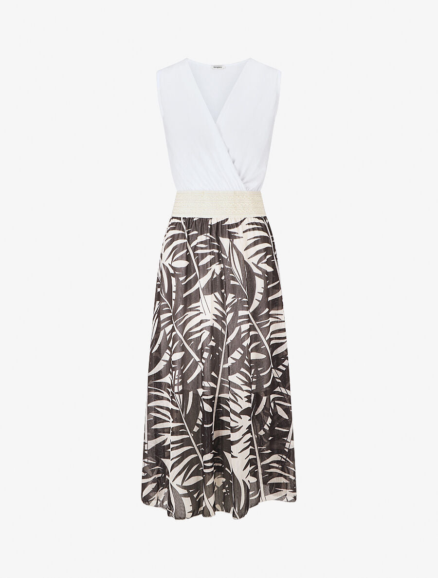 Robe longue bi-matière sans manches imprimé végétal - Noir - 1