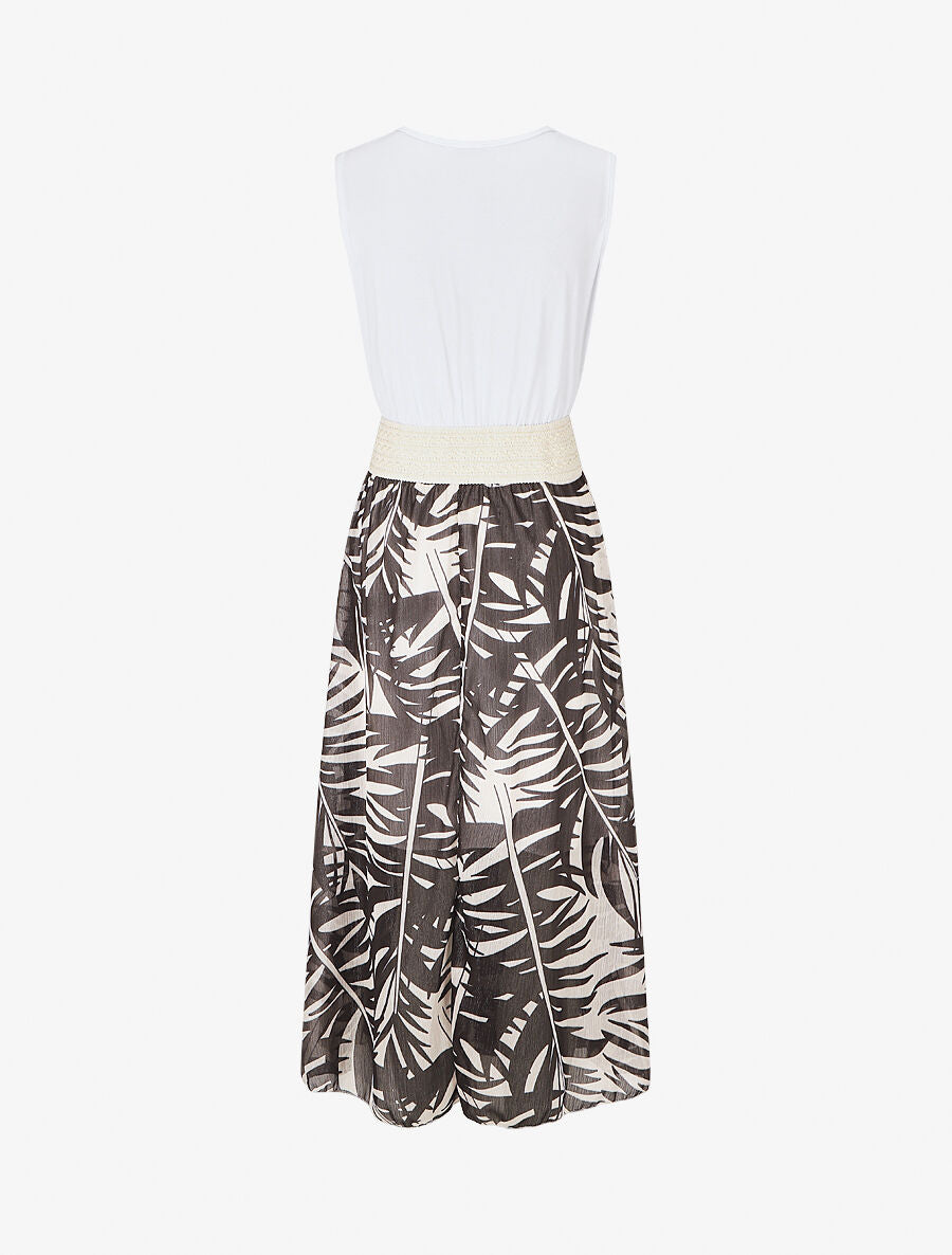 Robe longue bi-matière sans manches imprimé végétal - Noir - 2