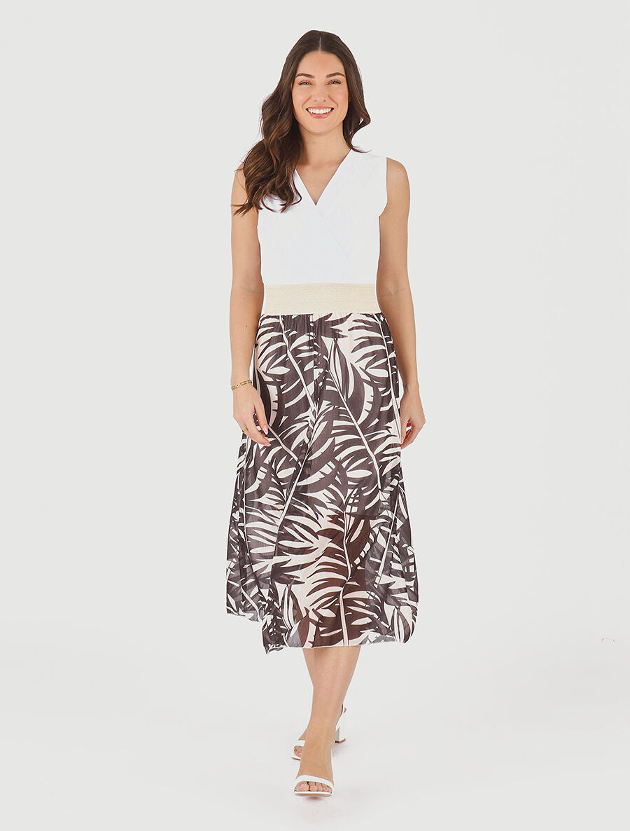 Robe longue bi-matière sans manches imprimé végétal - Noir - 4