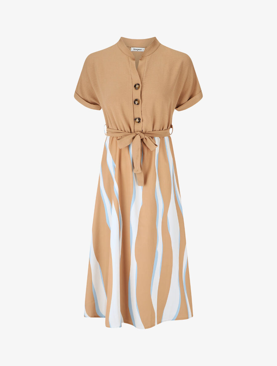 Robe midi manches courtes motifs graphiques - Beige - 1