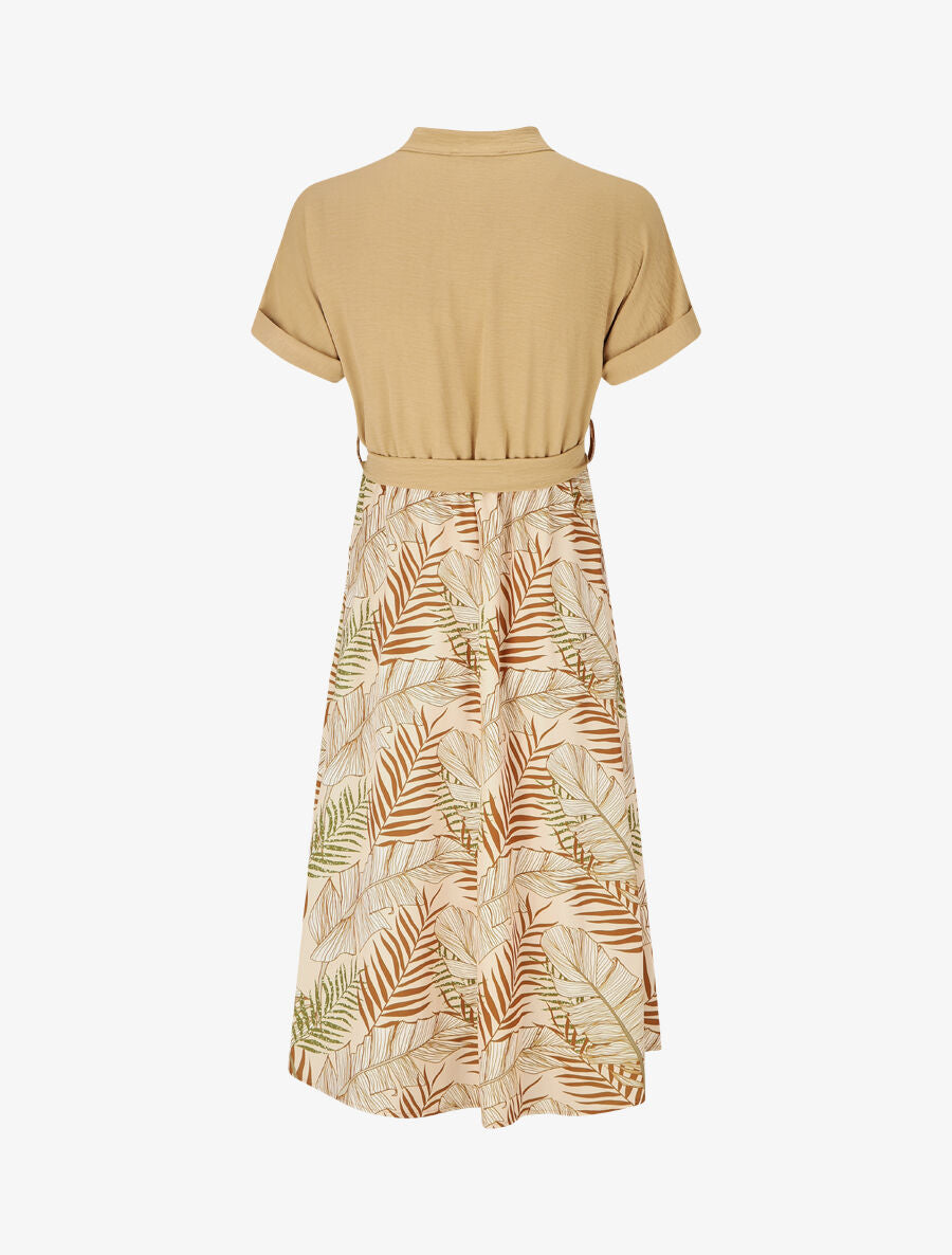 Robe midi manches courtes motif tropical - Beige - 2