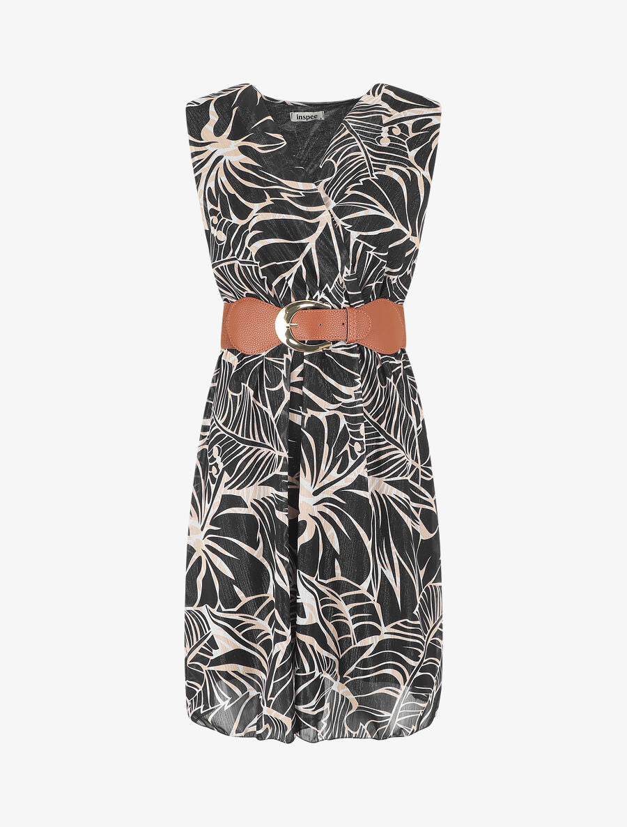 Robe élastiquée sans manches imprimé feuillage irisé - Noir - 1