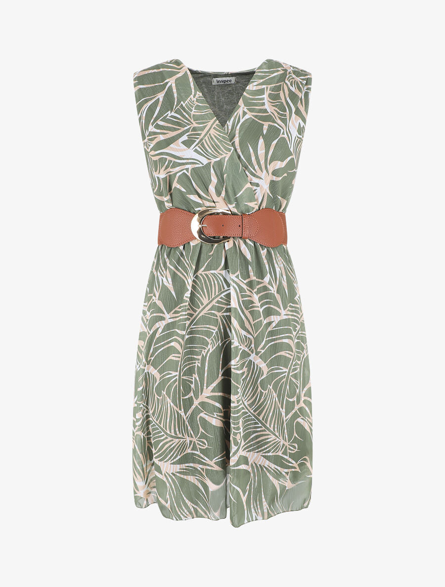 Robe élastiquée sans manches imprimé feuillage irisé - Kaki - 5