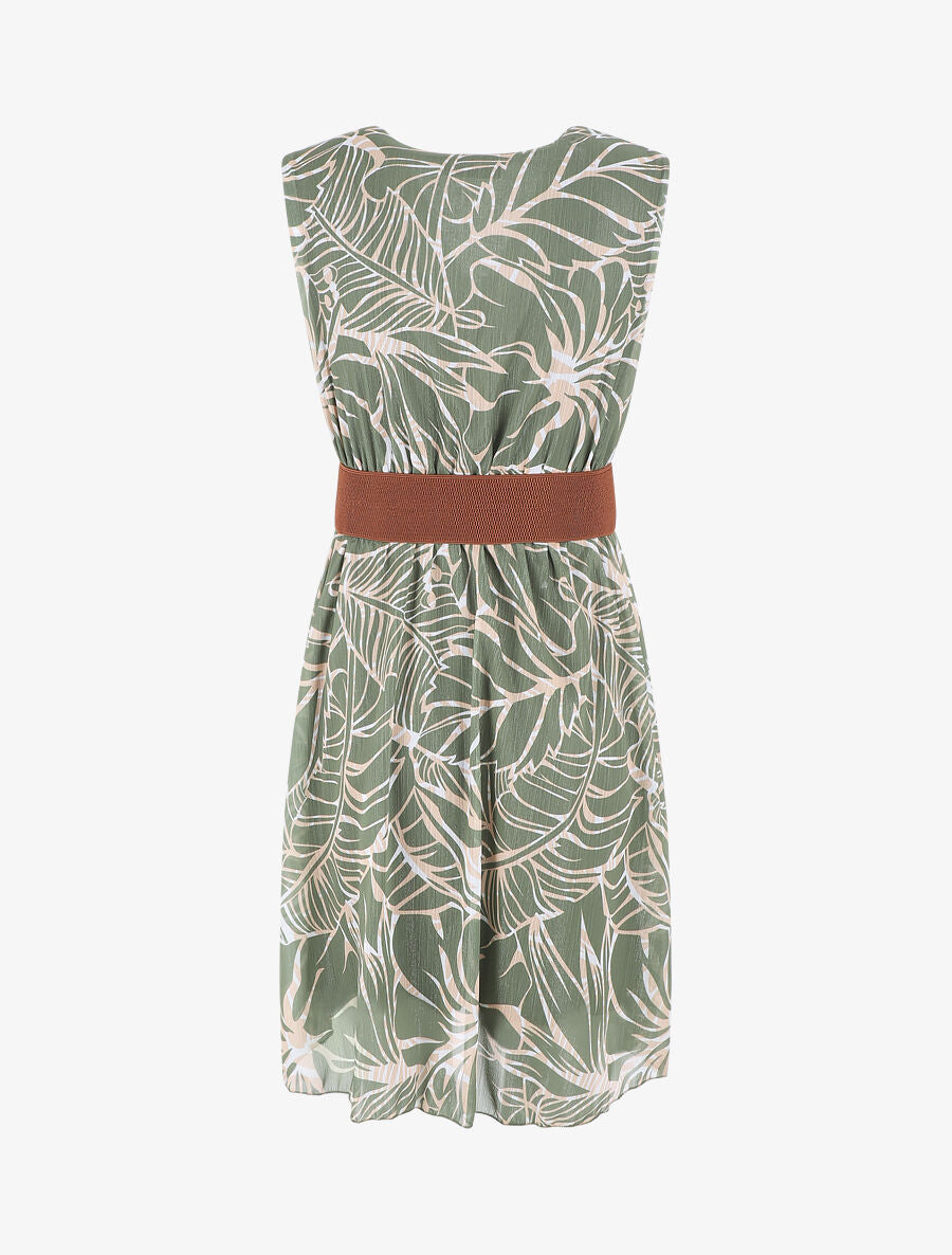 Robe élastiquée sans manches imprimé feuillage irisé - Kaki - 2
