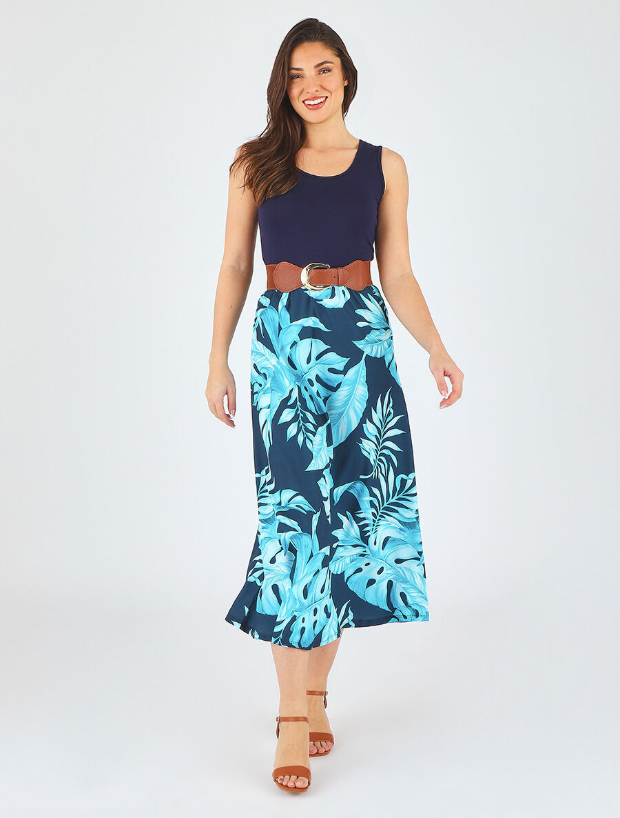 Robe longue évasée bi-matière imprimé tropical - Marine - 4