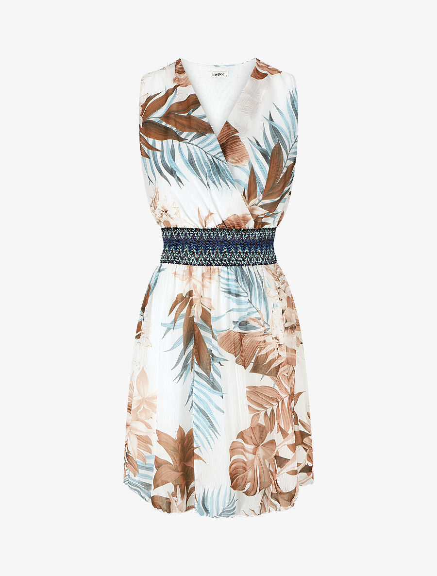 Robe mi-longue sans manches irisée motif tropical - Beige - 1