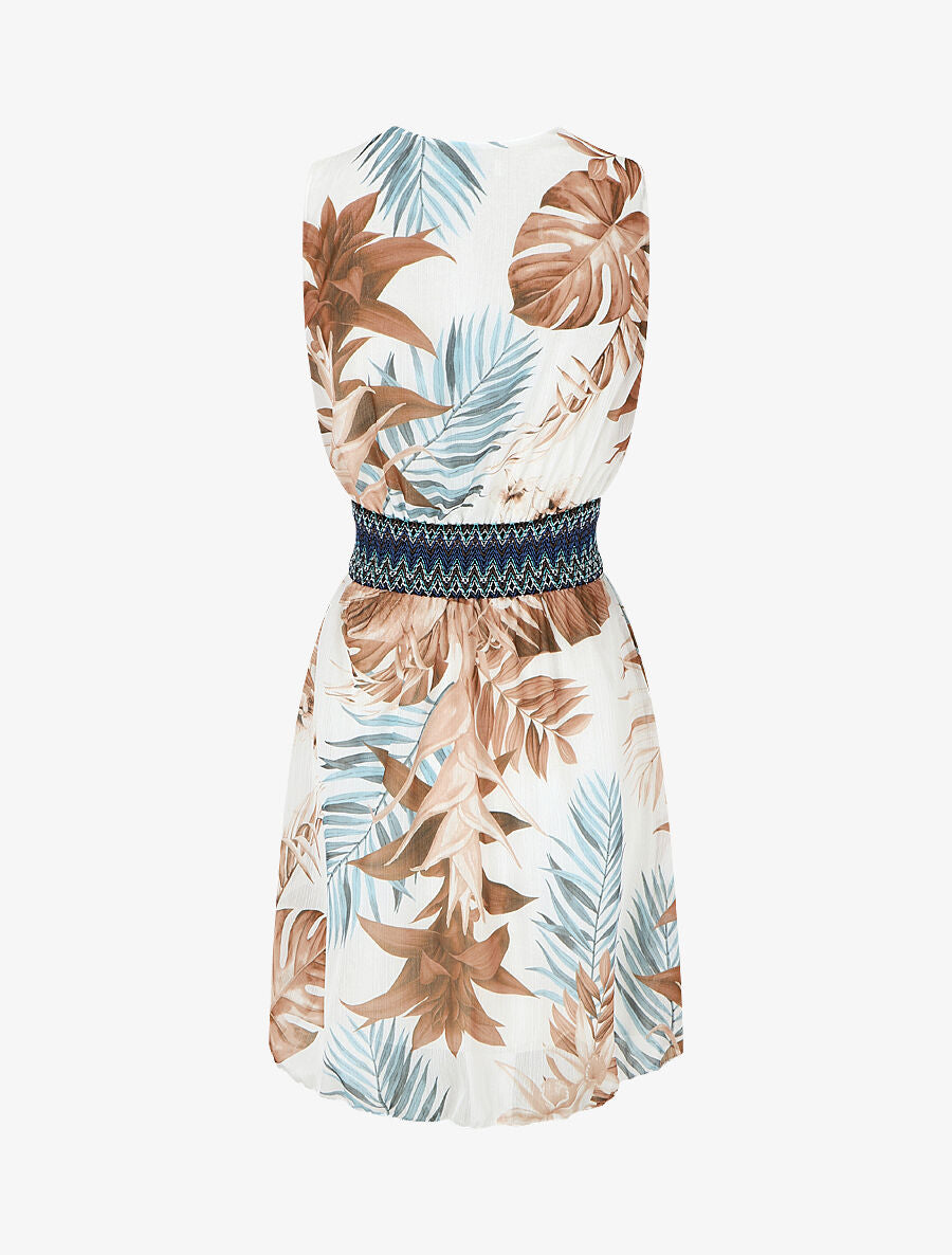 Robe mi-longue sans manches irisée motif tropical - Beige - 2