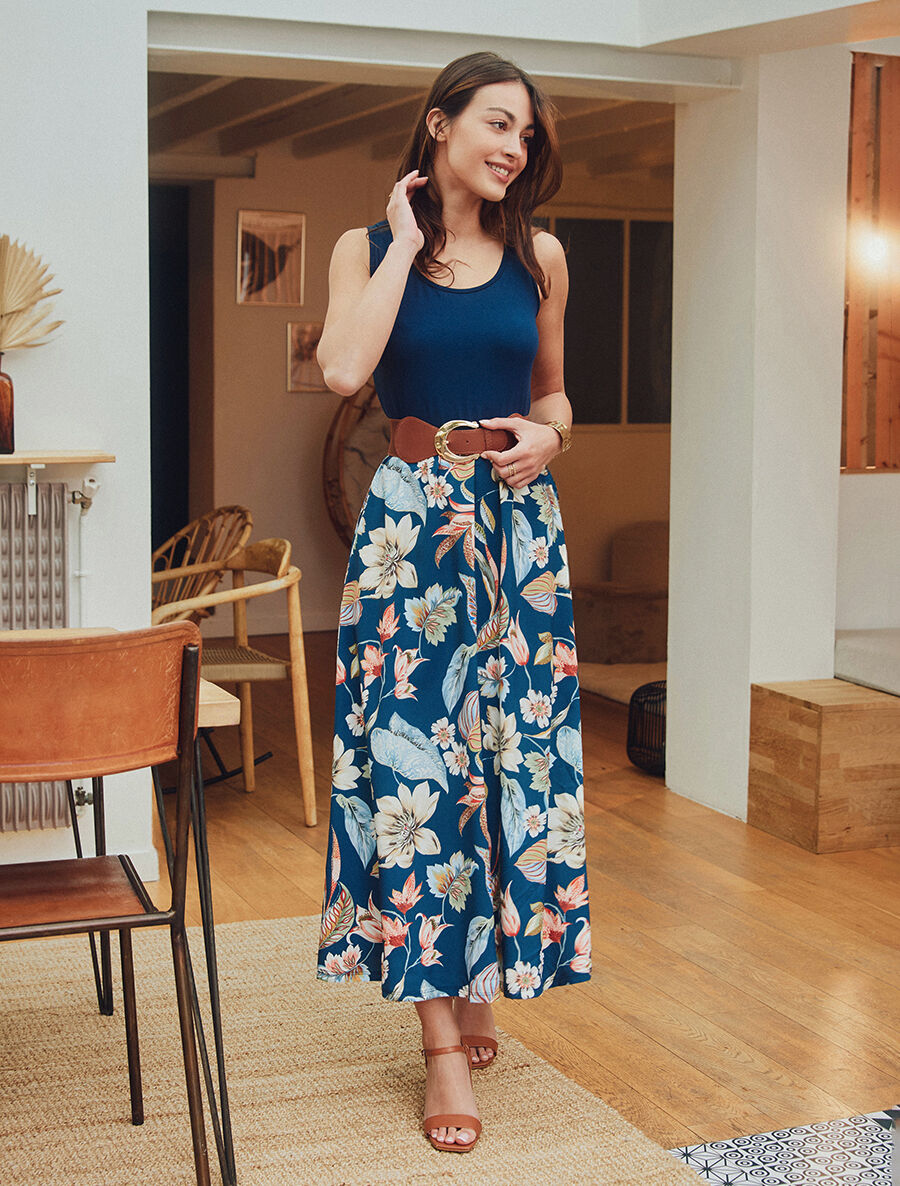 Robe longue à jupe imprimé fleuri - Marine - 1