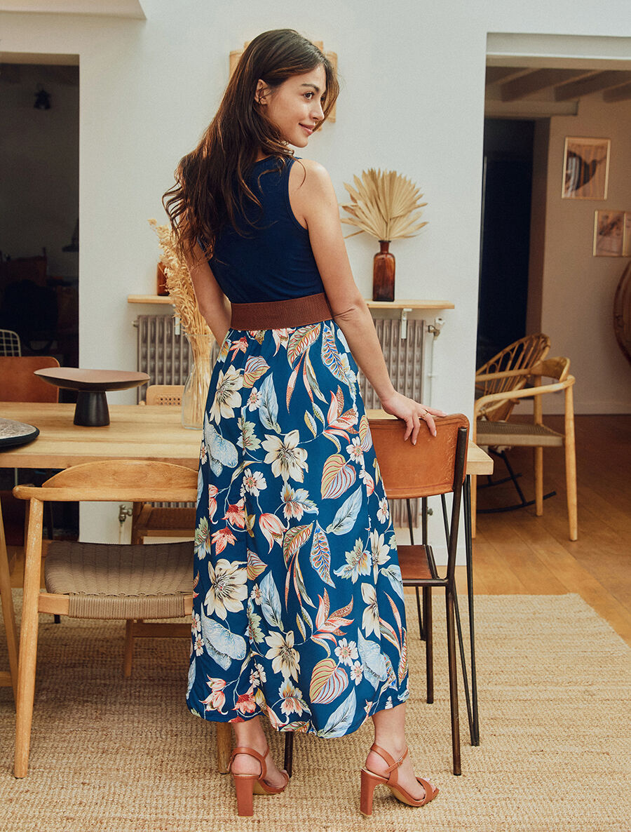 Robe longue à jupe imprimé fleuri - Marine - 6