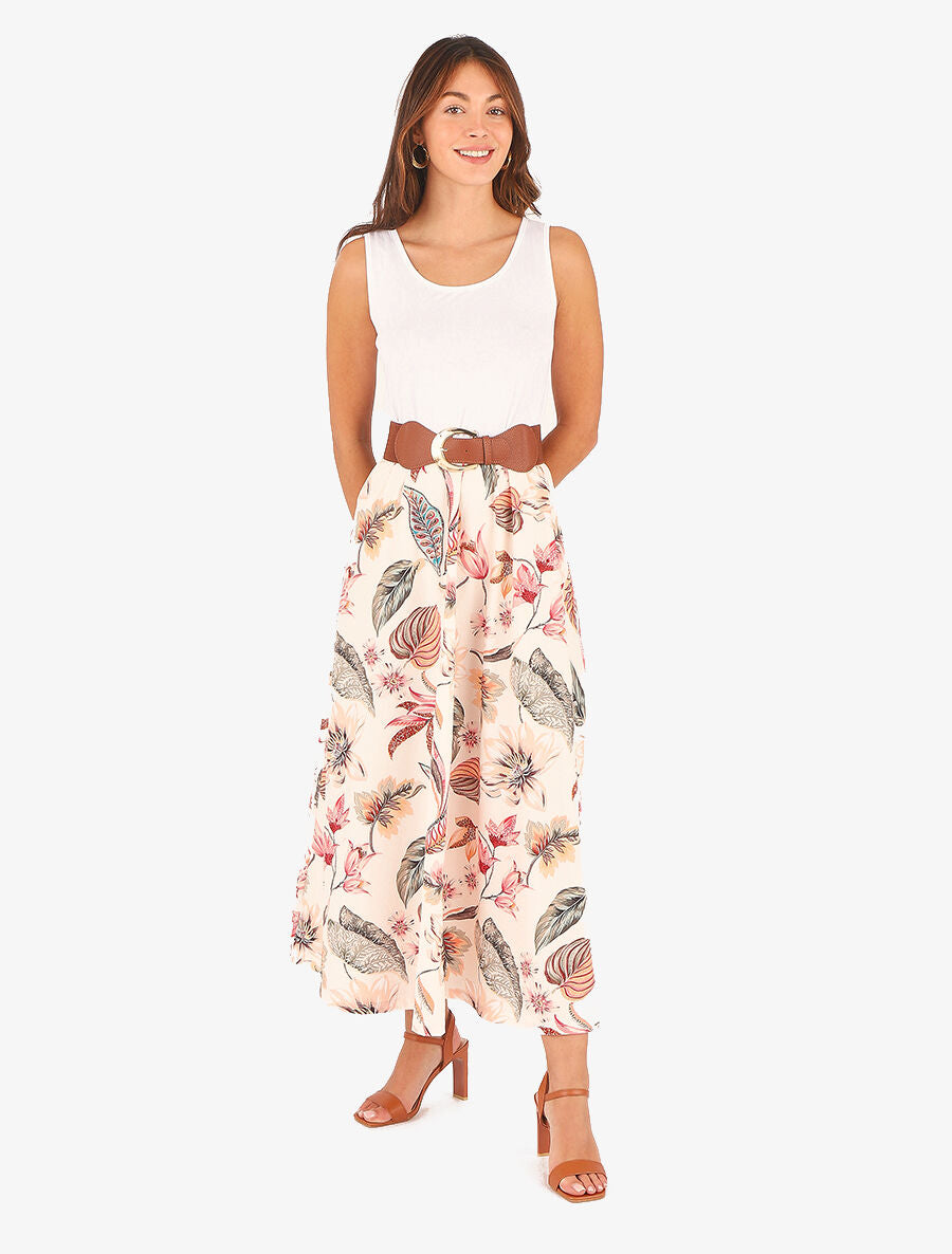 Robe longue à jupe imprimé fleuri - Beige - 4