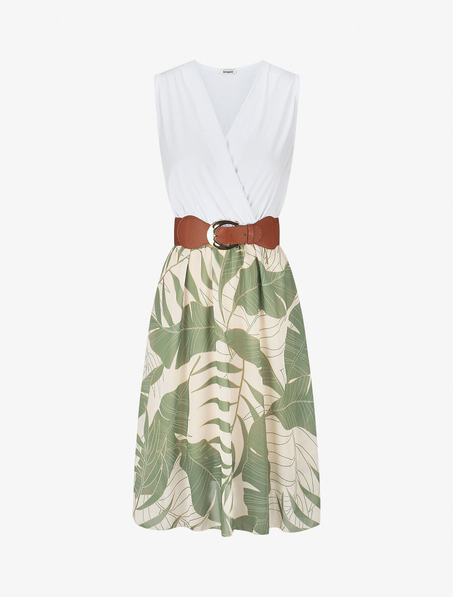 Robe élastiquée à jupe imprimé feuilles - Kaki - 1