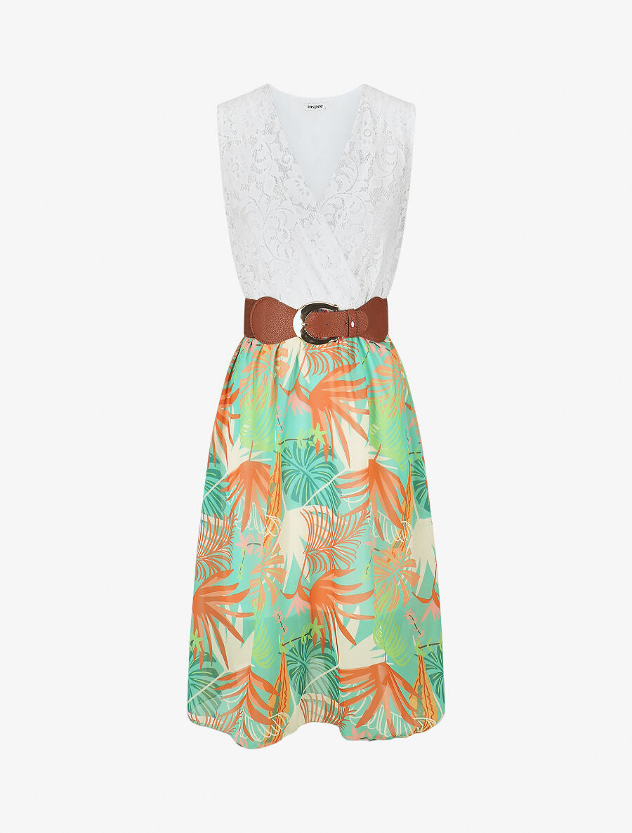 Robe élastiquée à jupe imprimé feuillage - Vert d&