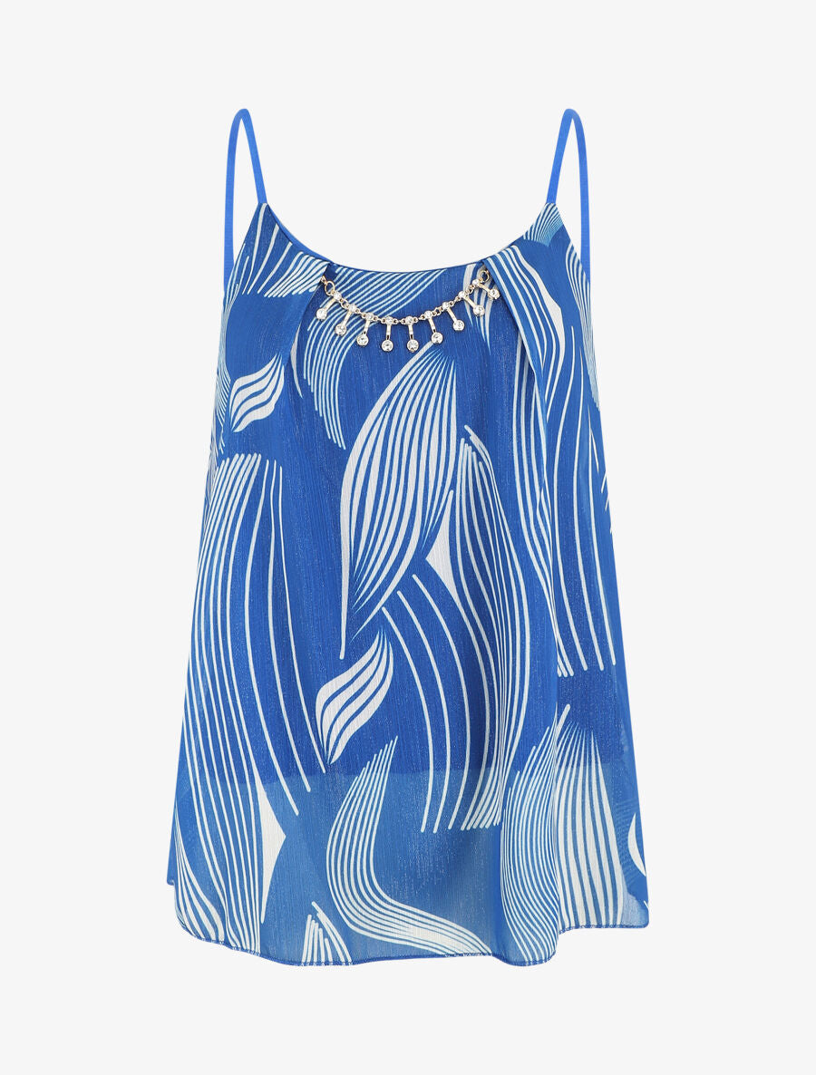 Top fantaisie en voile à bretelles et bijou - Bleu roi - 5
