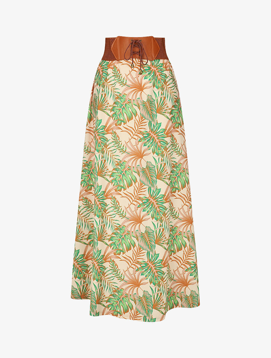 Jupe longue taille haute élastiquée imprimé tropical - Beige - 1