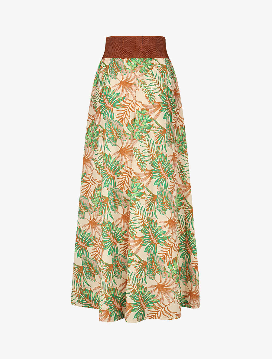 Jupe longue taille haute élastiquée imprimé tropical - Beige - 2