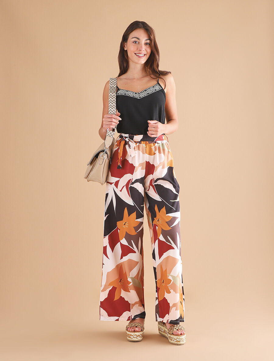 Pantalon ample imprimé grandes fleurs - Noir - 4