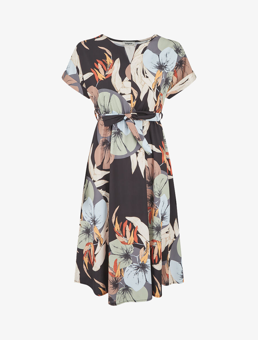 Robe élastiquée imprimé feuillage - Noir - 1