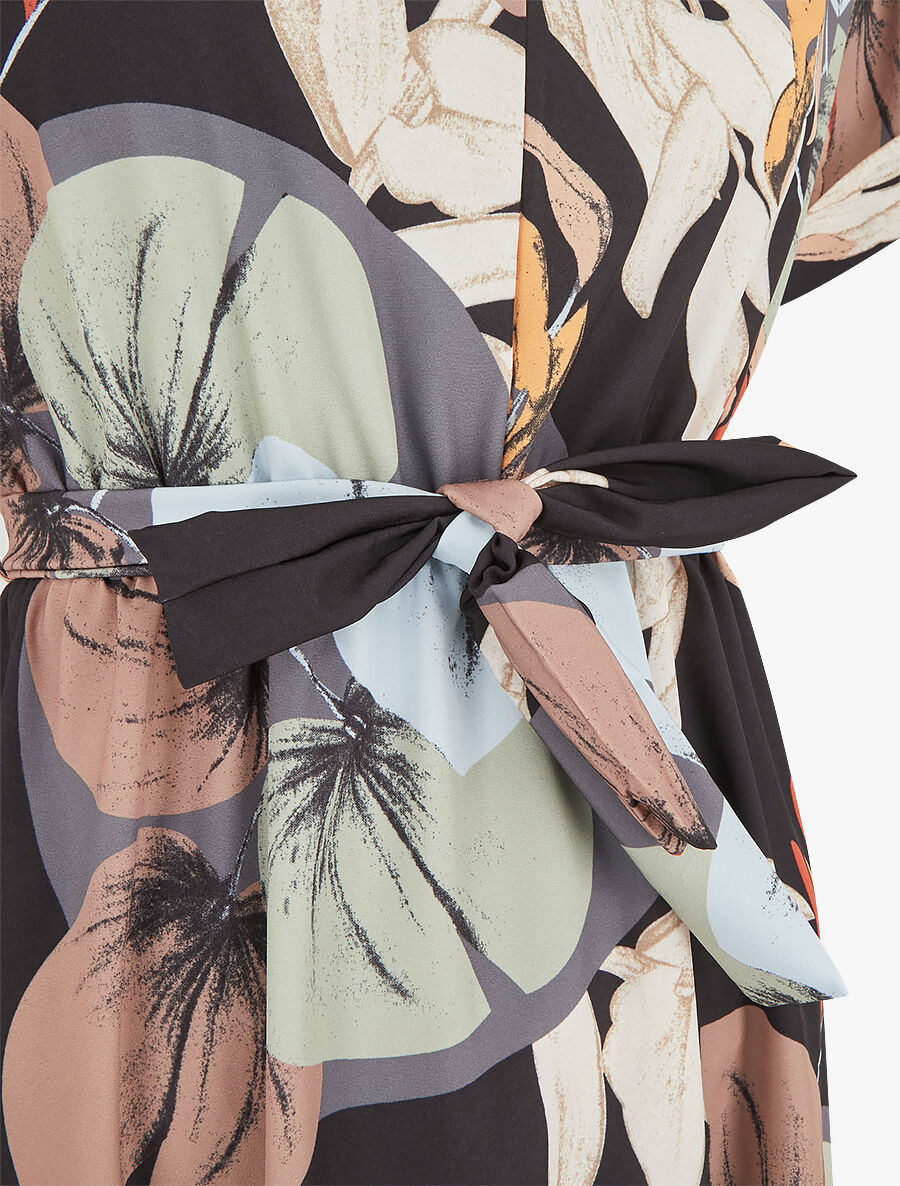 Robe élastiquée imprimé feuillage - Noir - 3