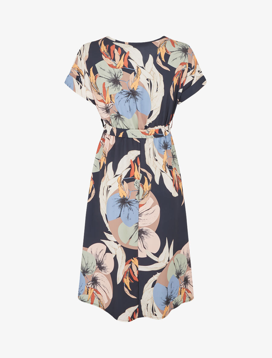 Robe élastiquée imprimé feuillage - Marine - 2