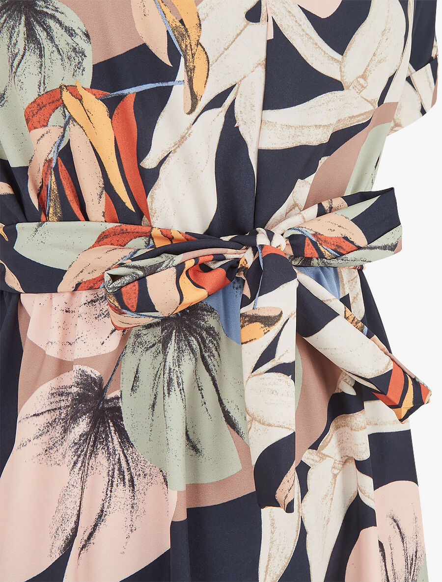 Robe élastiquée imprimé feuillage - Marine - 3