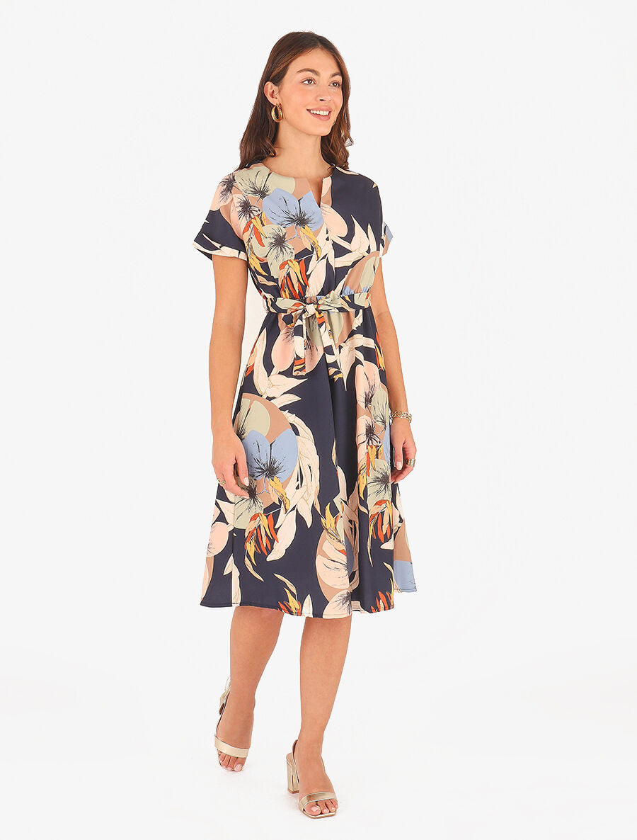Robe élastiquée imprimé feuillage - Marine - 4