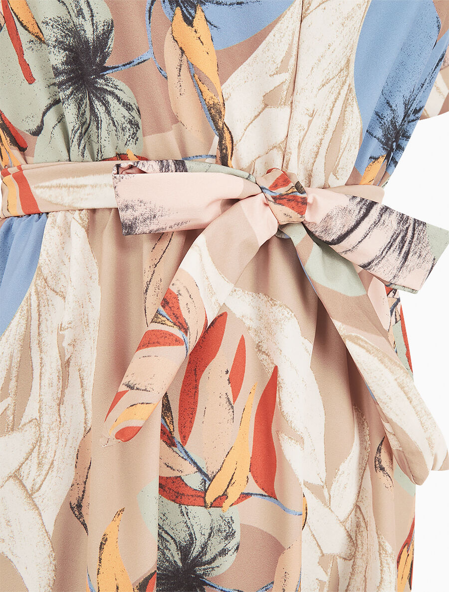 Robe élastiquée imprimé feuillage - Beige foncé - 3