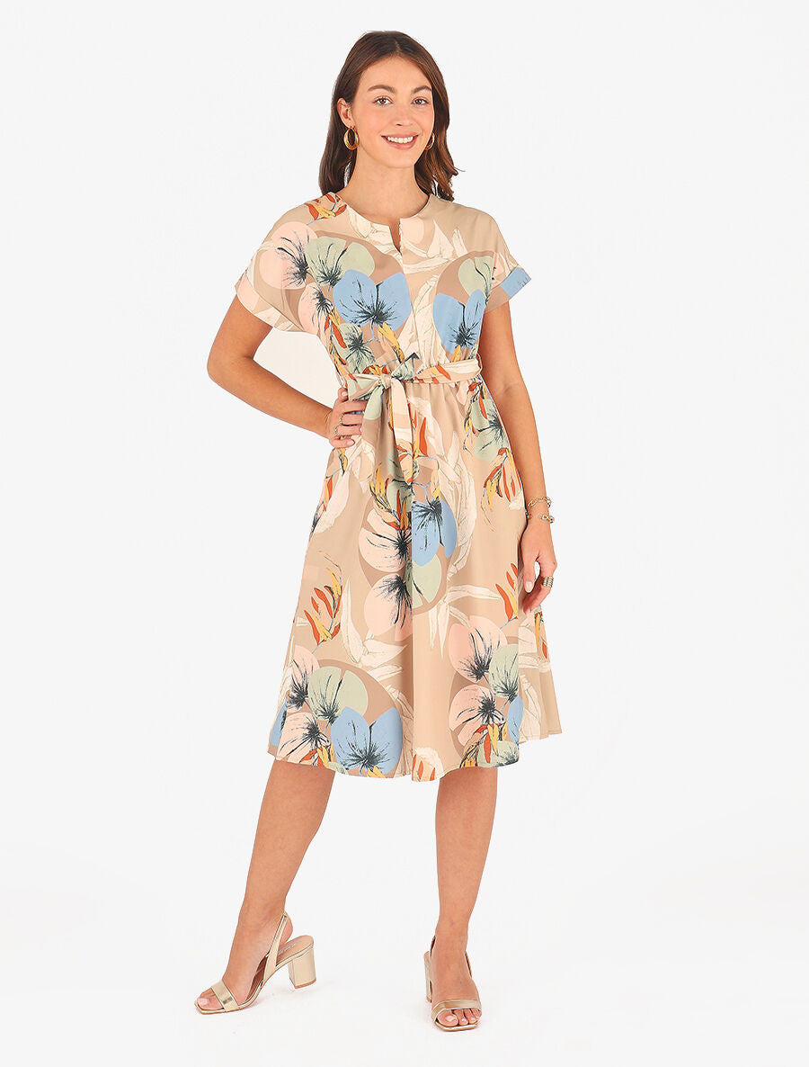 Robe élastiquée imprimé feuillage - Beige foncé - 4