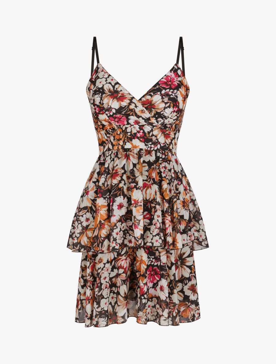 Robe patineuse courte à volants imprimé fleuri - Noir - 1