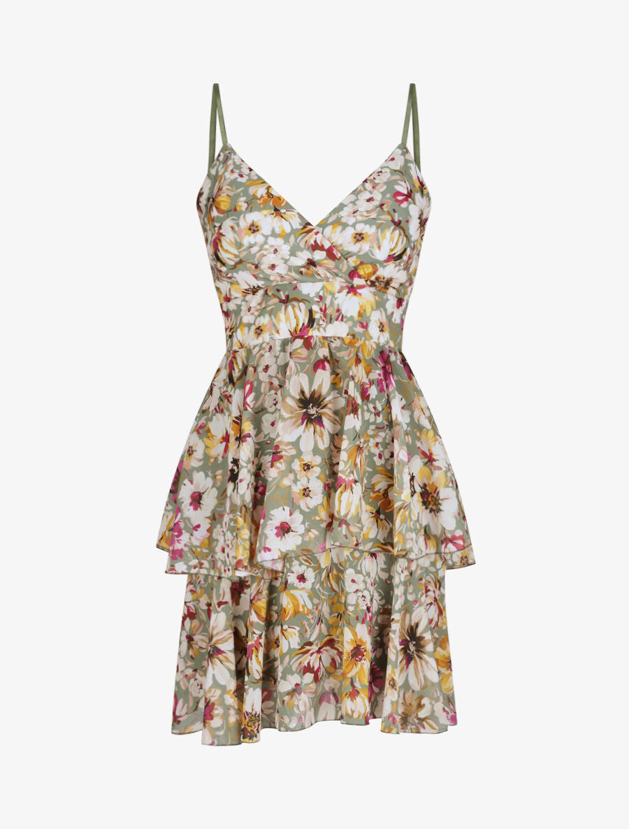 Robe patineuse courte à volants imprimé fleuri - Vert olive - 1