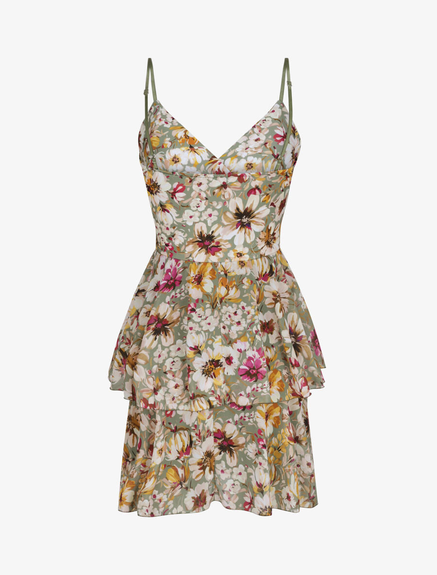 Robe patineuse courte à volants imprimé fleuri - Vert olive - 2