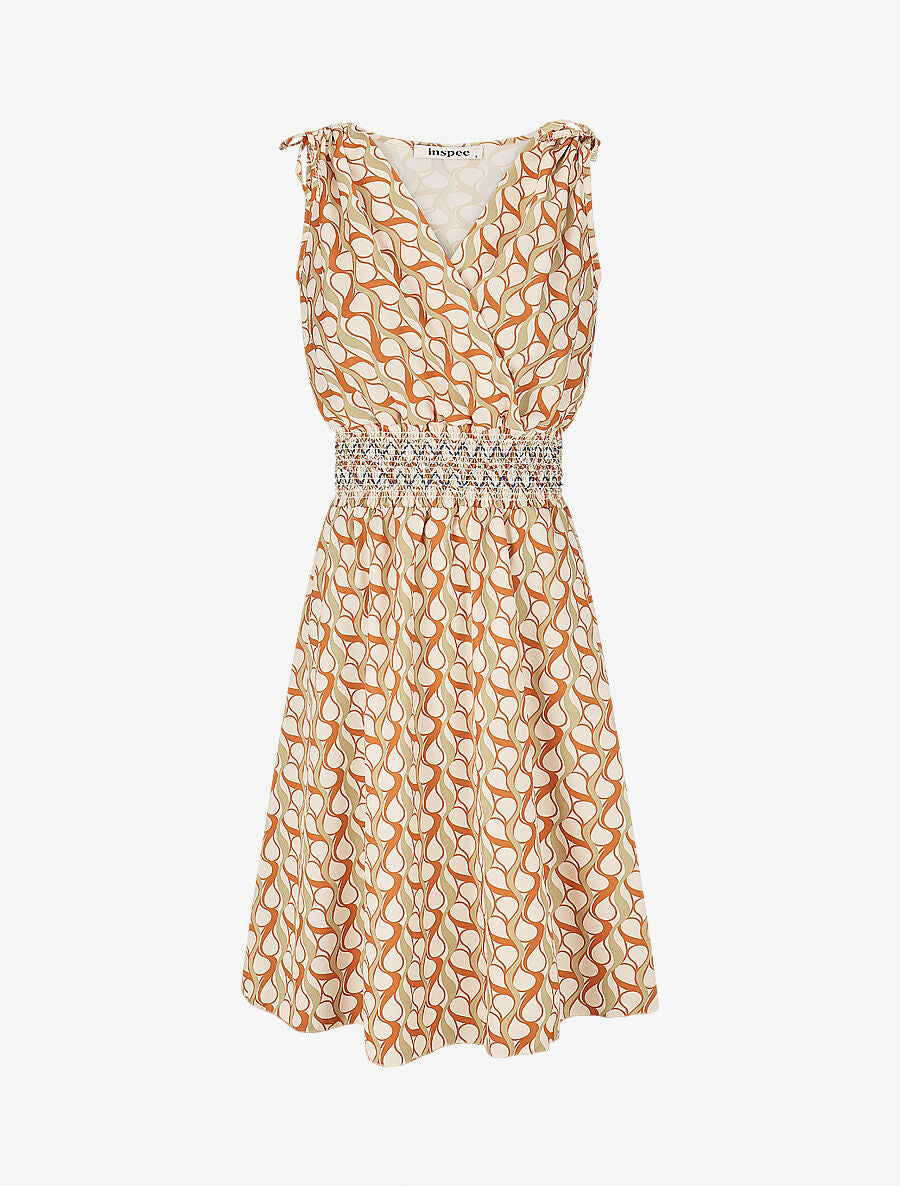 Robe à taille élastiquée imprimé rétro - Beige - 4