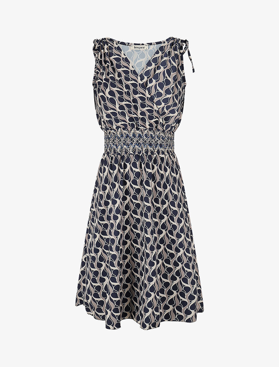 Robe à taille élastiquée imprimé rétro - Marine - 1