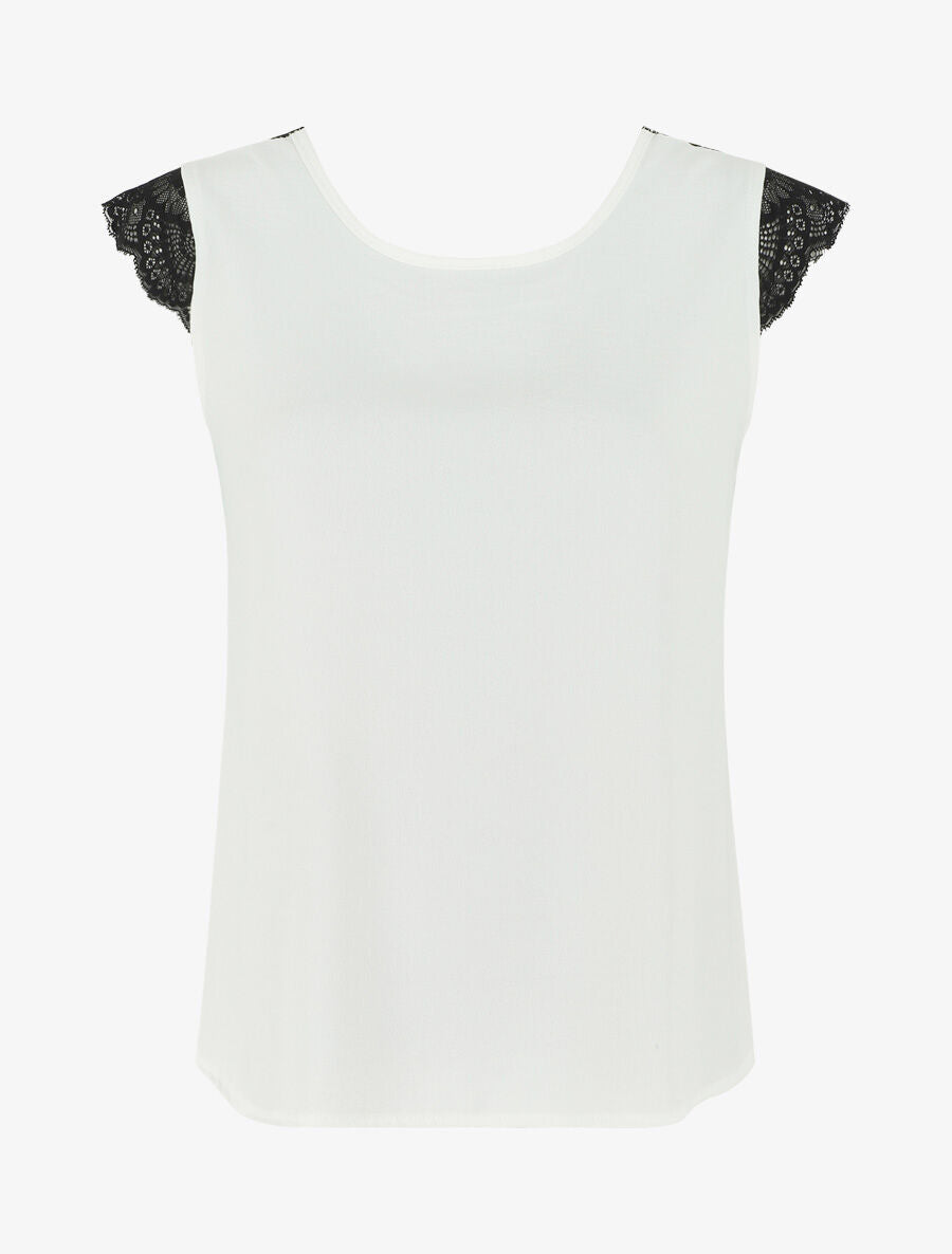 Top uni à détail dentelle - Blanc - 1