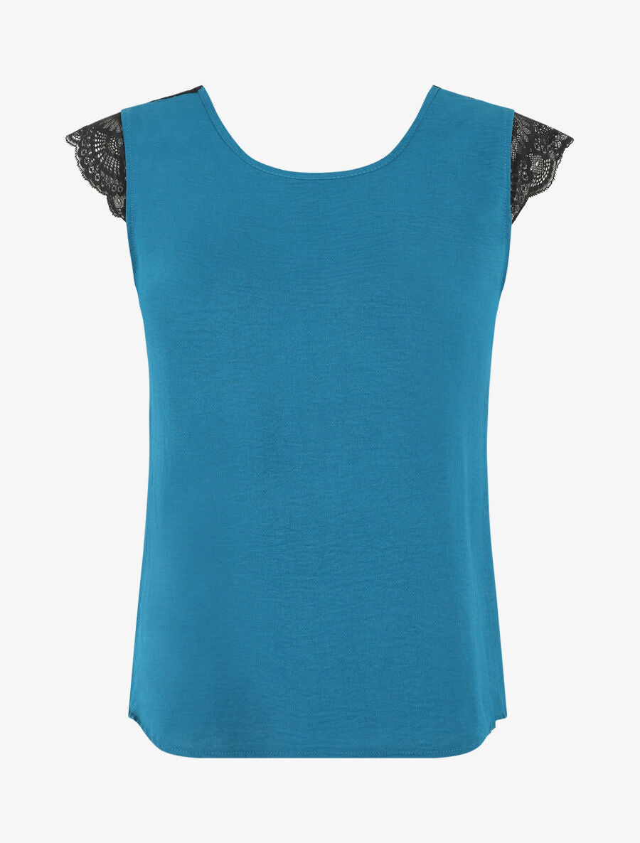 Top uni à détail dentelle - Bleu canard - 4