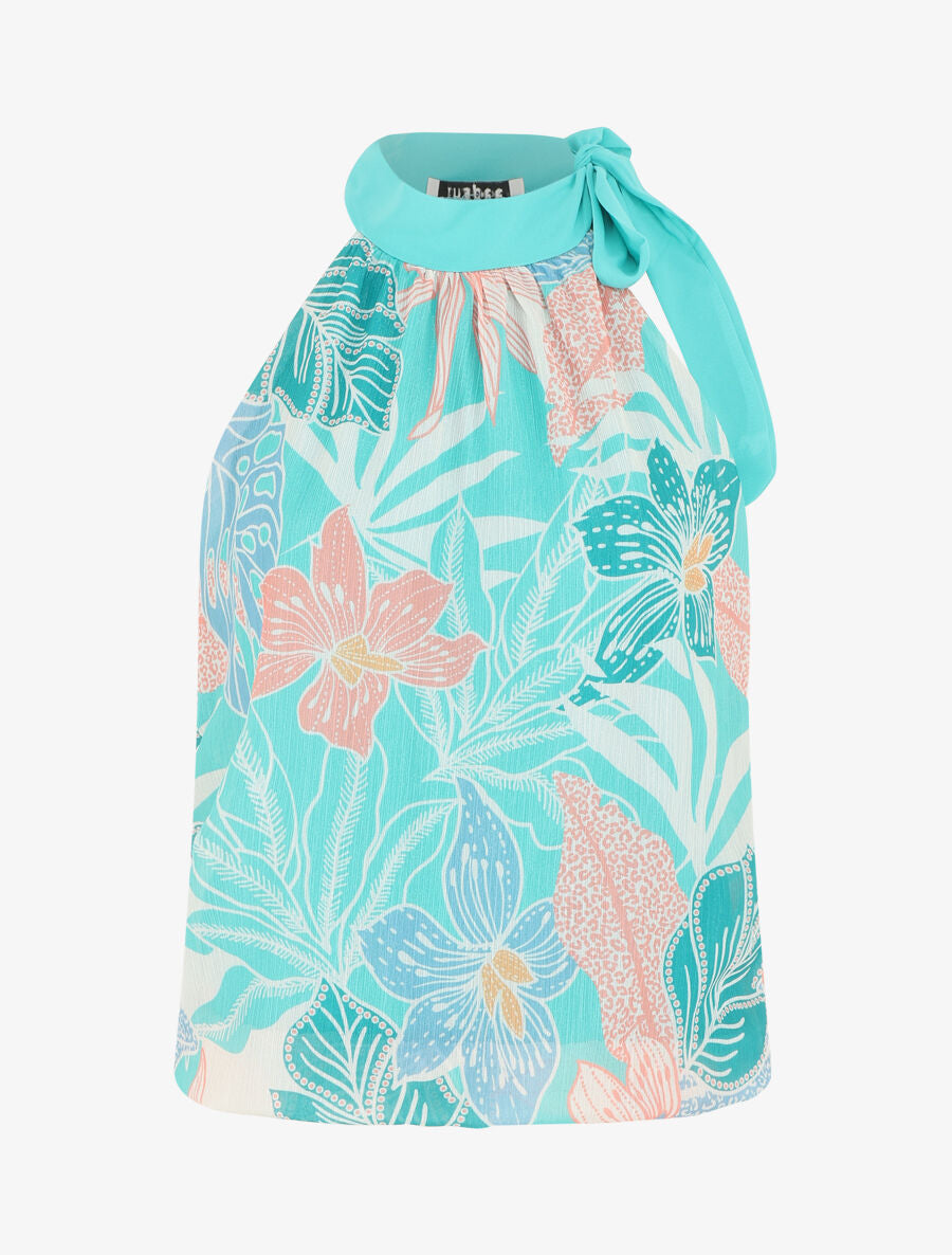 Top fleuri en voile sans manches - Turquoise - 1