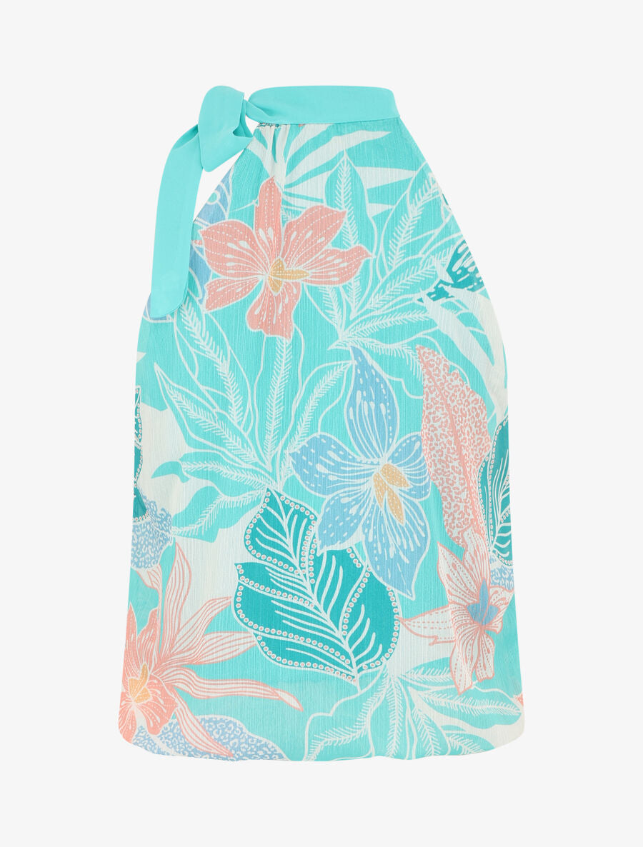 Top fleuri en voile sans manches - Turquoise - 2