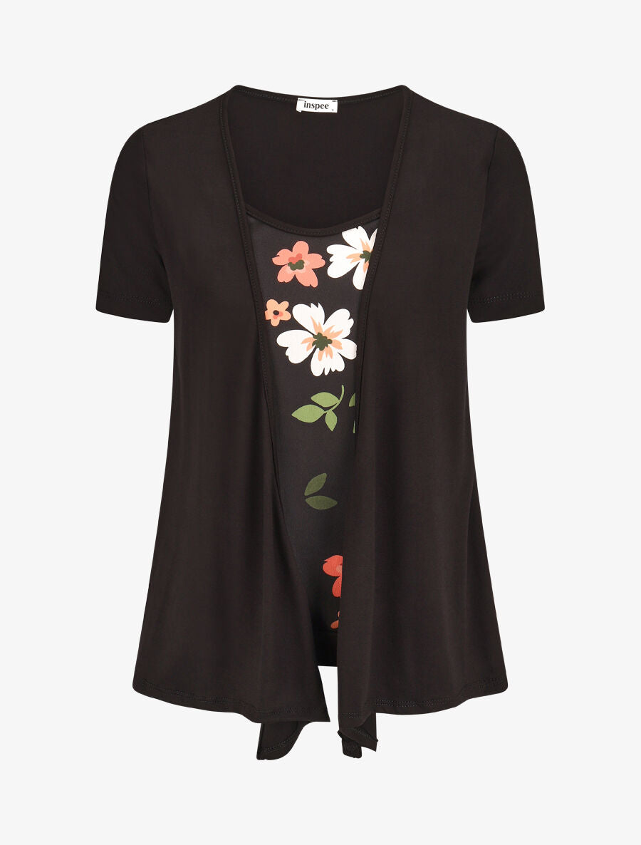 Top manches courtes style gilet ouvert imprimé fleuri - Noir - 1