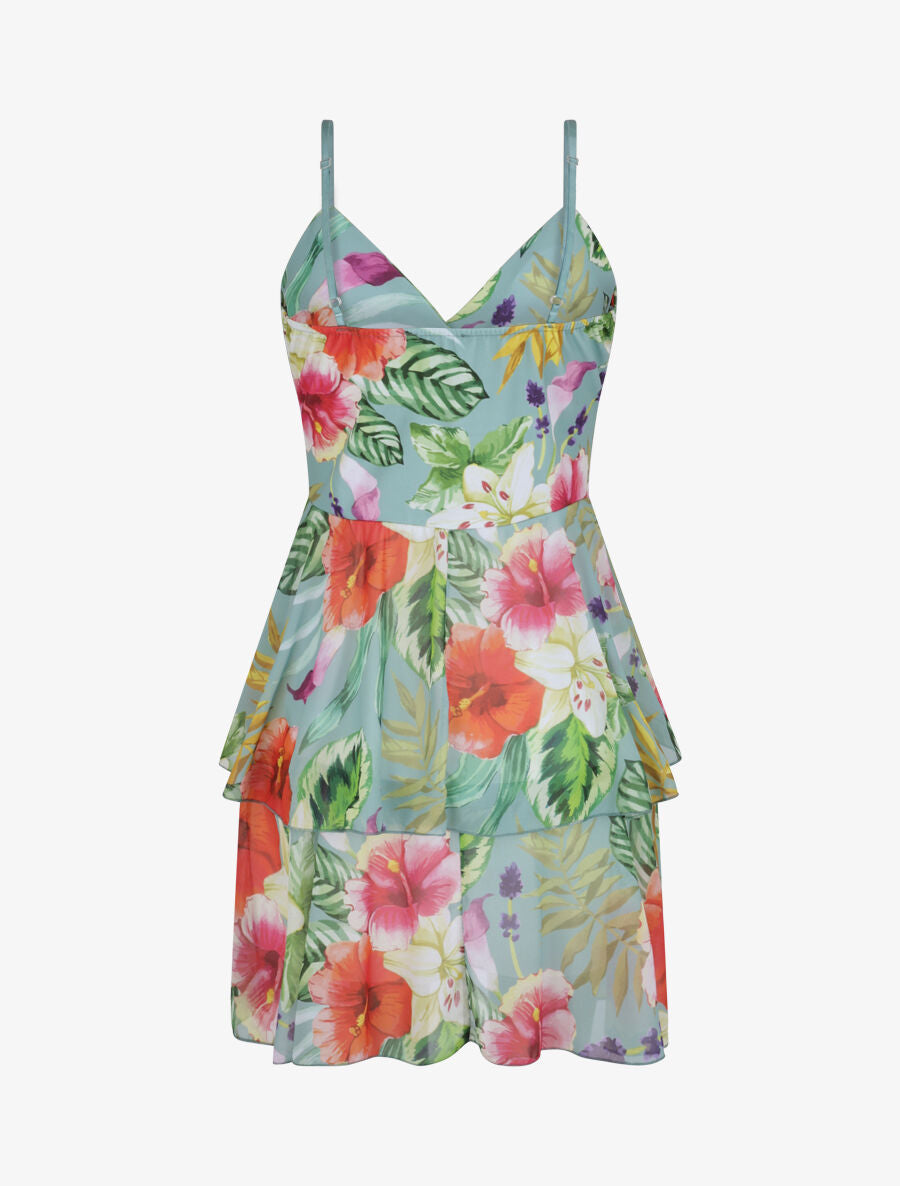 Robe patineuse courte à volants imprimé hibiscus - Vert menthe - 2